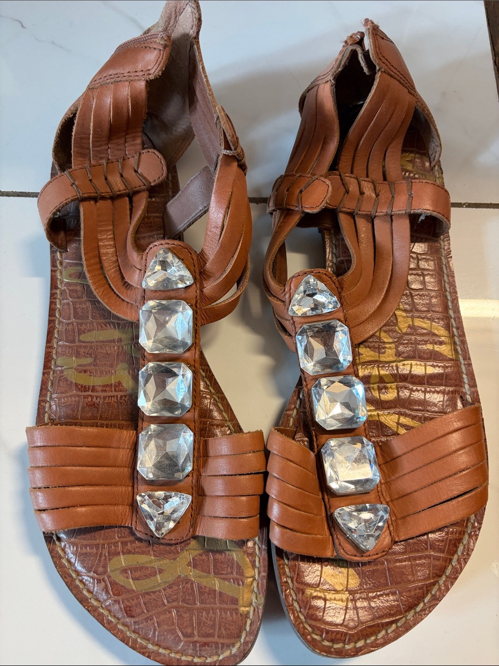 Sam Edelman Brown Jeweled T-Strap Sandals